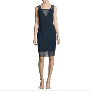 Aidan Mattox Crepe Illusion V Neck Sleeveless Sheath Midi Dress Dark Blue 8 NWT